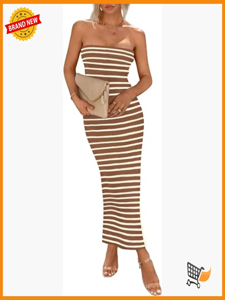 Ribbed Strapless Maxi Dress Bodycon Side Slit Tube Dress
